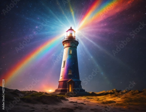 Picture portraying a lighthouse emanating rainbow-colored light, embodying elements of hopefulness, joy, and diversity.