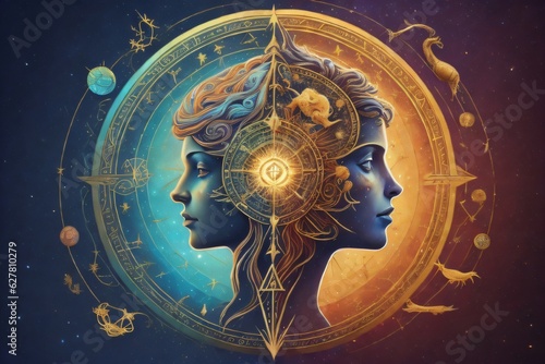 blend of Zodiac symbols  human heads  abstract elements  resonating with concepts of astrology  fortune telling  horoscopes  destiny  and interpersonal connections. Created with generative AI tools
