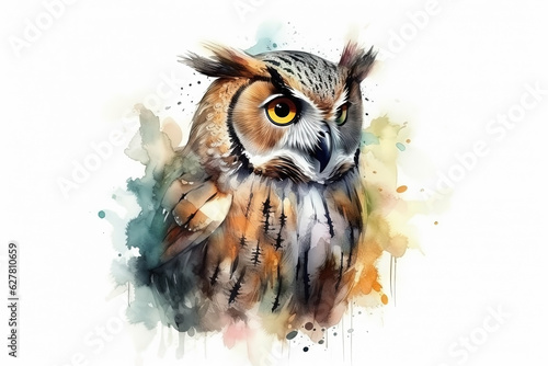 Watercolor owl illustration on white background photo