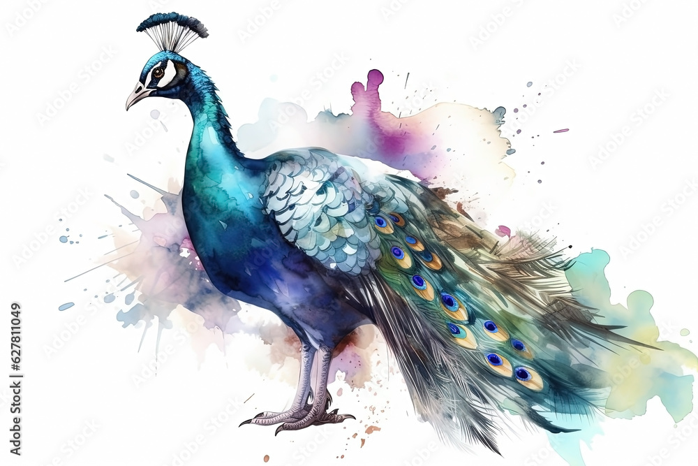 Obraz premium Watercolor peacock illustration on white background