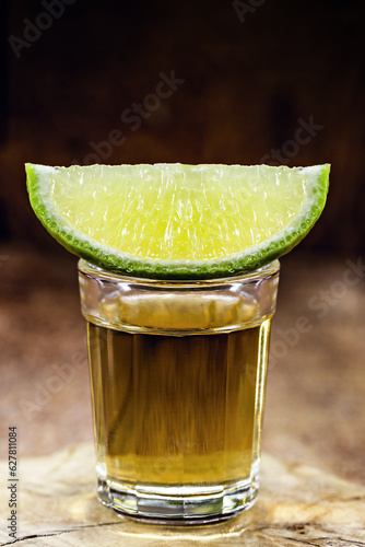 glass of alcoholic drink with lemon, distilled from sugar cane,