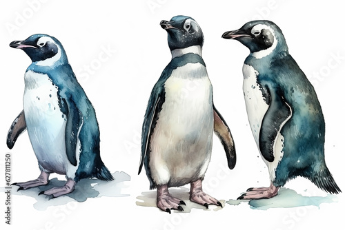 Watercolor penguins illustration on white background