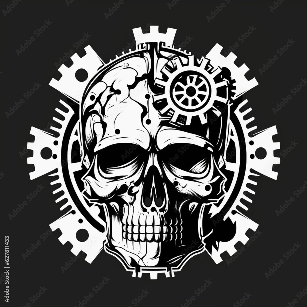 retro skull with gears and pistons coming out of skull vectro logo black and white simple - generative AI retro skull with gears and pistons coming out of skull vectro logo black and white simple - generative AI