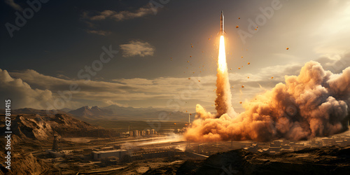 A rocket launch with a cloud of smoke 