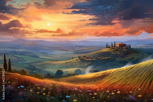 Tranquil Sunset Over Rolling Hills, Dreamy Landscape with Soft Hues Created with Generative AI 
