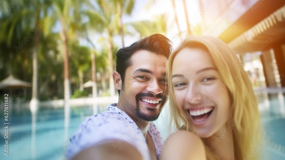 young adult man and blonde woman swimming in swimming pool, man wearing shirt, private swimming pool in private villa or hotel or resort, palm trees, tropical, vacation travel, fictional location