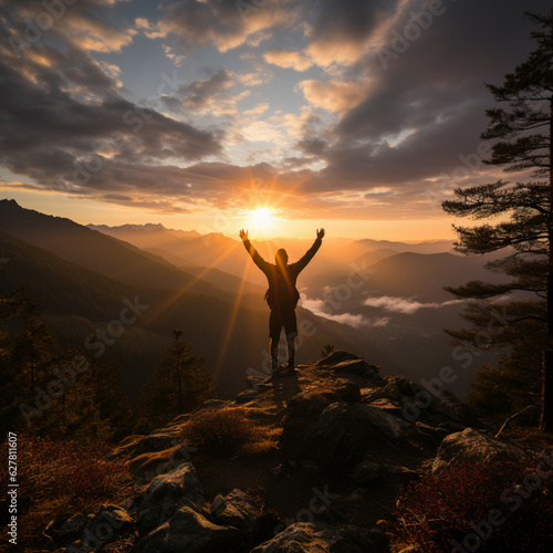 Silhouette of a man standing on the edge of a cliff with his hands raised up to the sky