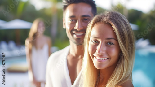 young adult woman and man, friends or couple, traveling in tropical vacation area, standing at swimming pool, hotel resort or private villa, sunny day, palm trees, fictional place