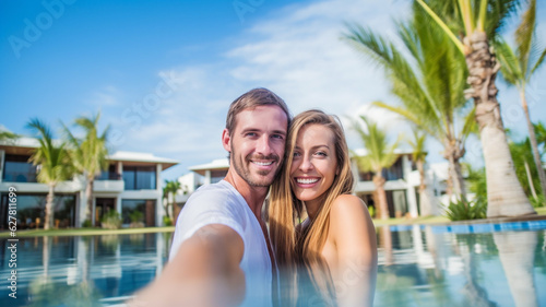 Wallpaper Mural in the water with clothes, couple tropical swimming pool at hotel, fictional place Torontodigital.ca