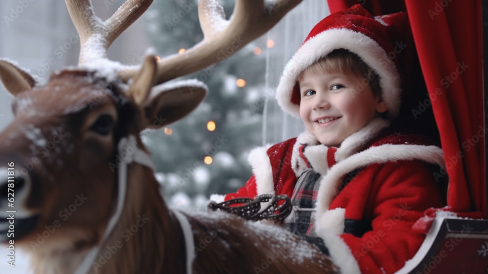 a child wearing a santa claus costume sits on a christmas sleigh with a deer, indoor, festive childhood at christmas, fun and joy and tradition and contemplation