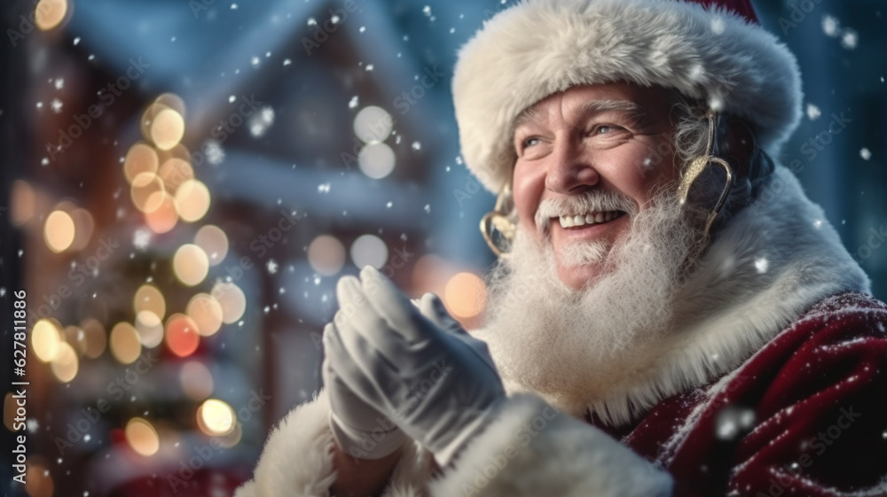 happy santa claus stands outside in front of a snow-covered house, it snows in winter on christmas eve at christmas, proud and contemplative, smiling happy santa claus stands outside in front of a snow-covered house, it snows in winter on christmas eve at christmas, proud and contemplative, smiling