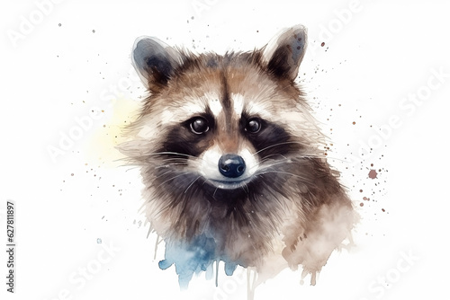Watercolor raccoon portrait illustration on white background
