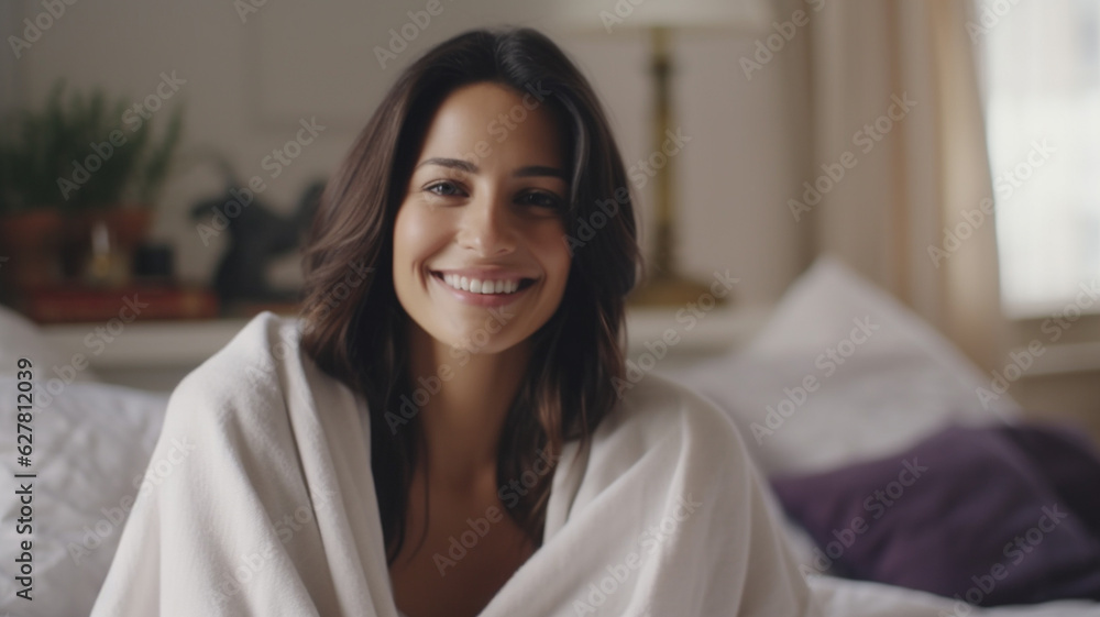 adult woman sitting on bed at home in the morning, smiling, relaxed, a good day to sum up, well prepared for the next day, caucasian, 30s, brunette, comfortable thin bathrobe adult woman sitting on bed at home in the morning, smiling, relaxed, a good day to sum up, well prepared for the next day, caucasian, 30s, brunette, comfortable thin bathrobe
