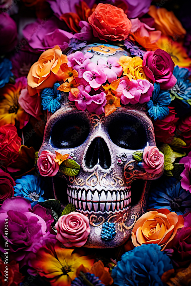Day of the Dead sugar skull with colorful flowers and leaves background. selective focus. Day of the Dead sugar skull with colorful flowers and leaves background. selective focus.