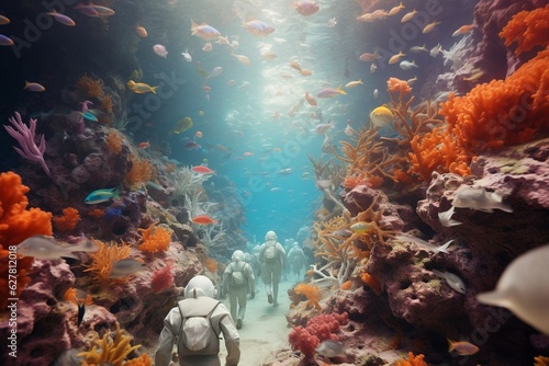 Photograph of people snorkeling in colorful coral reefs, Generative AI