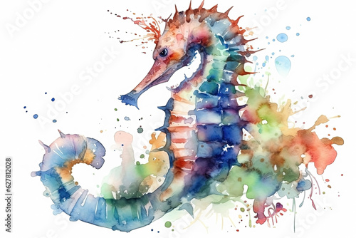 Watercolor seahorse illustration on white background