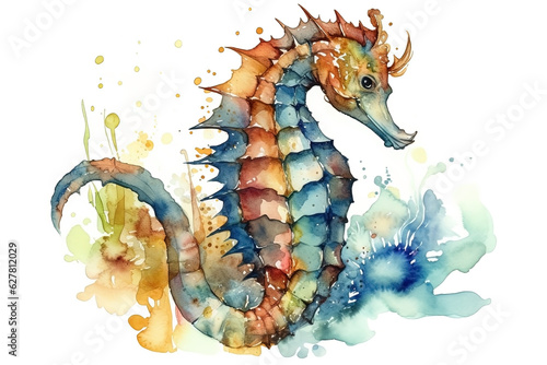Watercolor seahorse illustration on white background