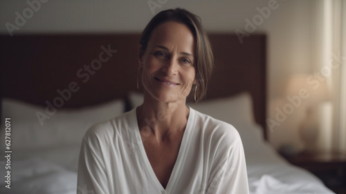 young adult woman sitting on bed at home in the morning, smiling, relaxed, a good day to sum up, well prepared for the next day, caucasian, 40s 50s, brunette, comfortable thin bathrobe © wetzkaz