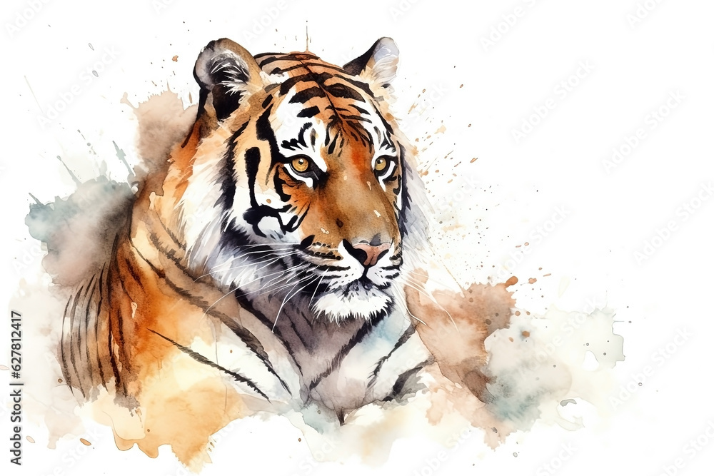 Watercolor tiger portrait illustration on white background