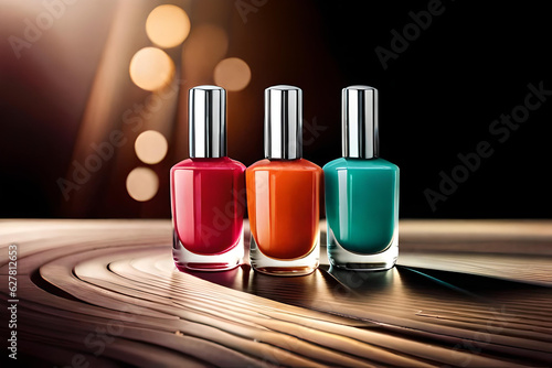Group of different nail polish or nail paint color bottles kept on table under naturalbackground. 3D illustration. photo