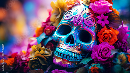 Mexican sugar skull with colorful flowers on colorful background. Day of the Dead. selective focus. 