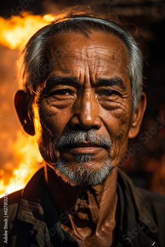 Powerful portrait of an elderly Vietnamese man, his weathered face telling stories, amid a shanty town by a river, lit by fire's glow.