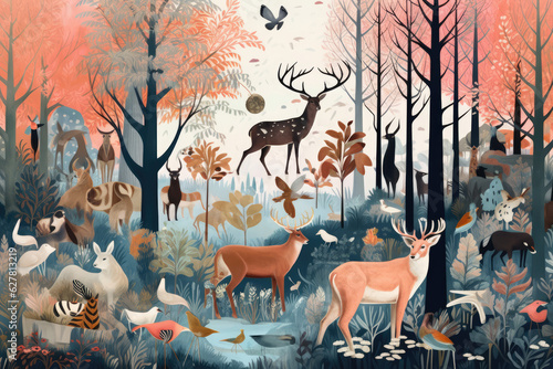 Enchanting Forest with Animals Whimsical Illustration with Delicate Brushstrokes and Gentle Colors  Created with Generative AI	