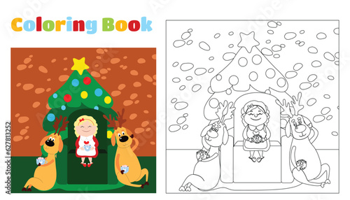 Christmas coloring book for children and adults. A feeling of celebration and fun. Mrs. Santa Claus and three deer sitting on a chair near a decorated Christmas tree. Cartoon characters.