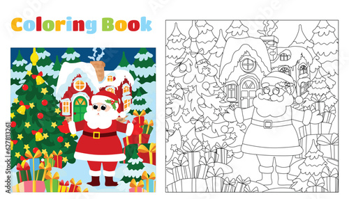 Christmas coloring for children. Santa Claus is standing outside near the Christmas tree. Winter landscape near Santa's snowy house. Mood of happiness.