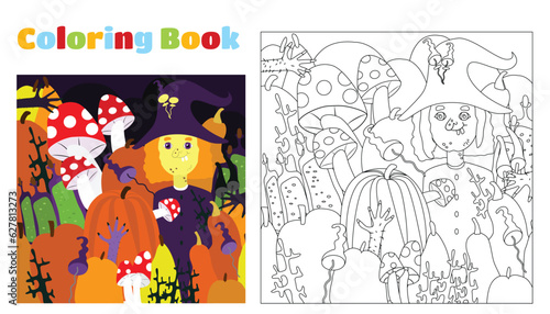 Coloring for children and adults. Coloring for children and adults. A funny witch among taverns, bottles with potions or poison, mushrooms, branches. Halloween coloring pages.