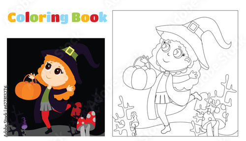 Coloring for children. A little witch runs among the forest, branches and mushrooms with a basket in the shape of a candy bar. Halloween coloring pages.