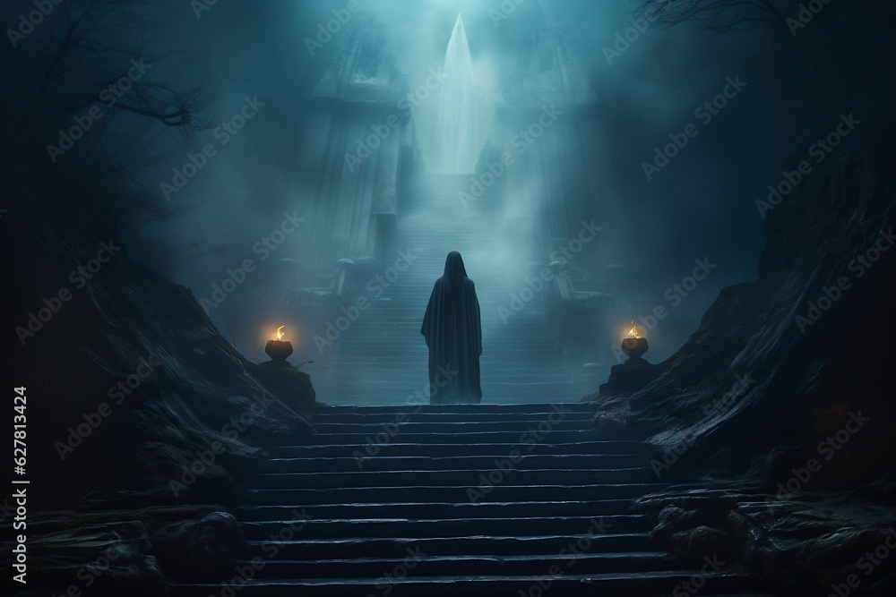 Journey of Faith: Cloaked Figure Climbing Mist-Shrouded Stone Steps Towards a Glowing Archway