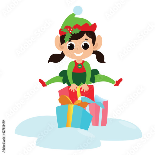 Little elf girl jumps over gift boxes. The child is happy and dressed in a traditional elf costume. She has a cute face and happy eyes. Festive illustration in cartoon style.