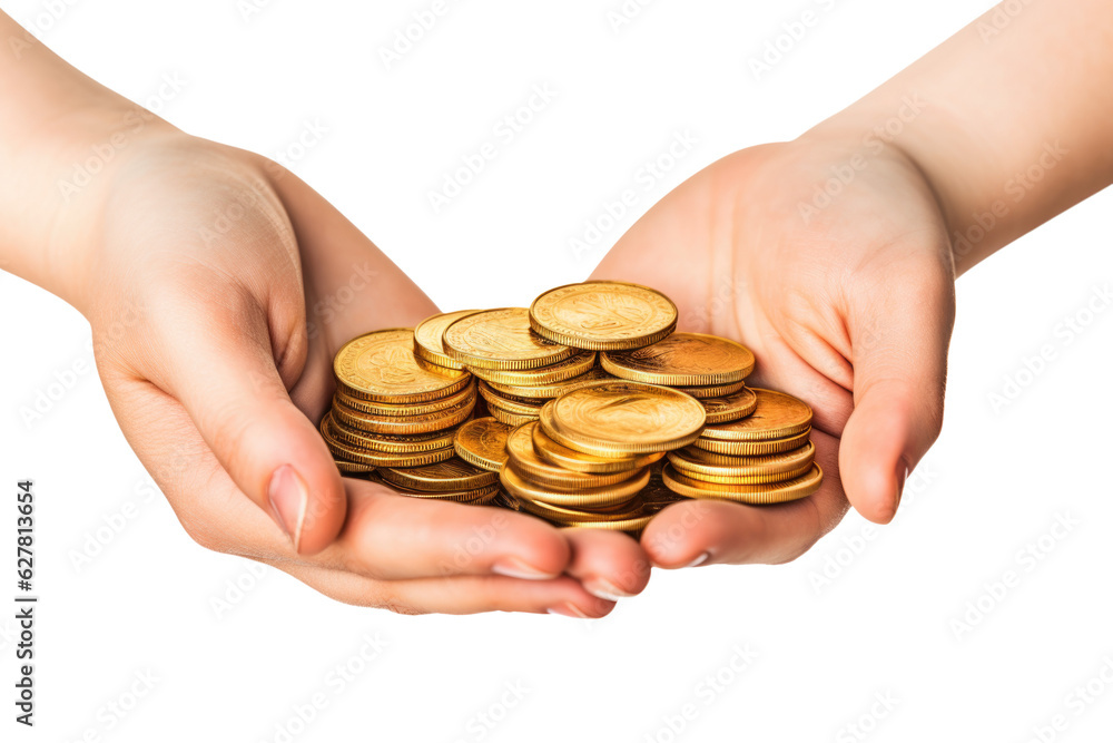 Two Hands With Gold Coins Isolated on Transparent Background
Two Hands With Gold Coins Isolated on Transparent Background