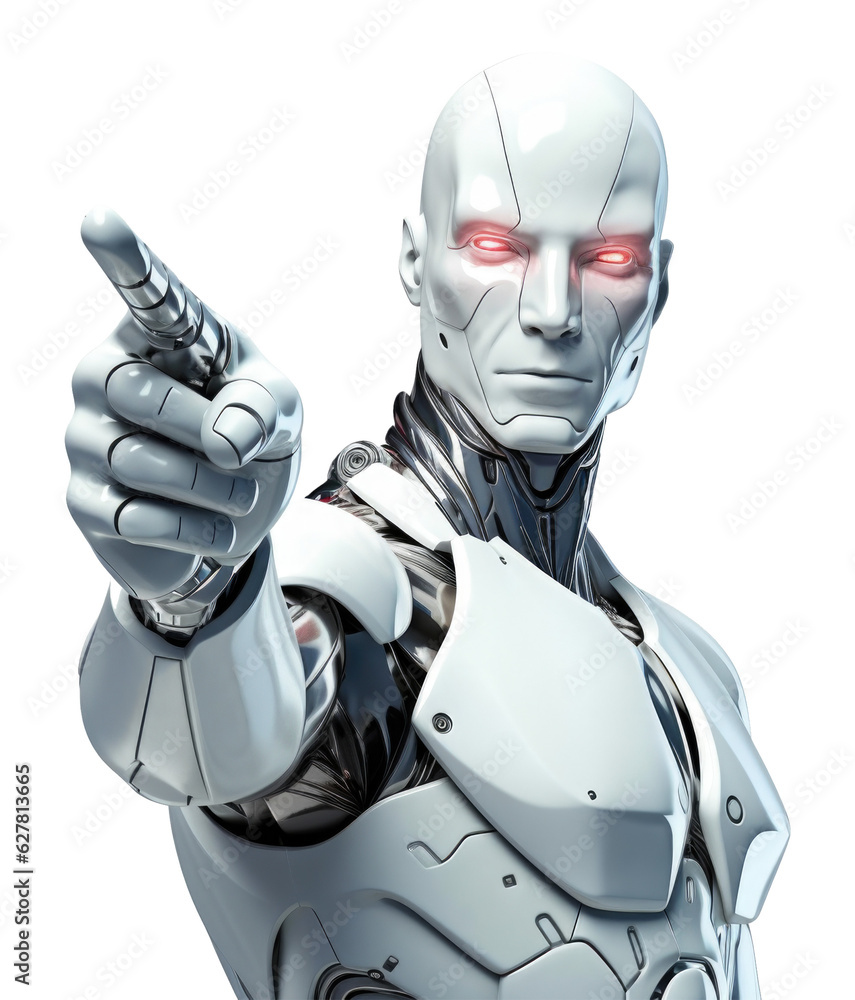 AI Android Robot Pointing Hand At Front Isolated on Transparent Background
