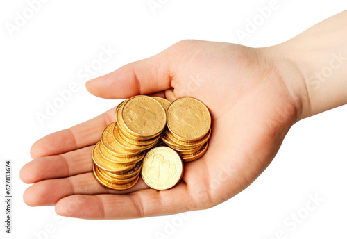 Hand With Gold Coins Isolated on Transparent Background 