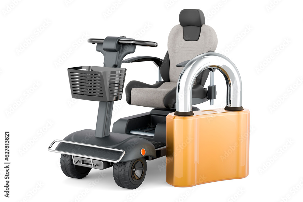 Powered mobility scooter with padlock, 3D rendering