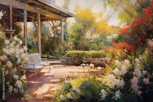 Tranquil Garden Oasis  Sunlit Scene with Loose Brushstrokes and Dappled Colors Created with Generative AI