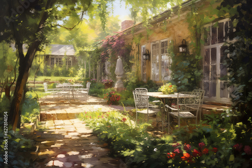 Tranquil Garden Oasis: Sunlit Scene with Loose Brushstrokes and Dappled Colors Created with Generative AI