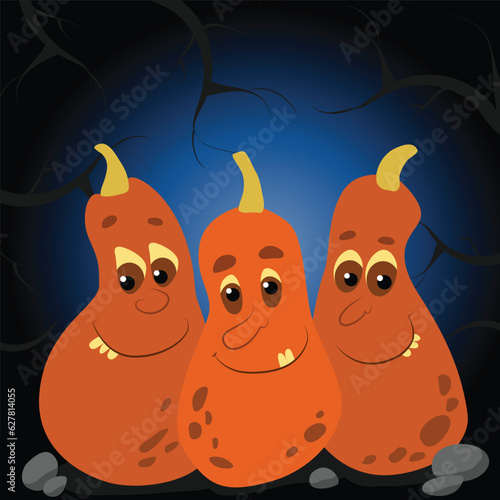 Three pumpkins among the branches. Pumpkins have faces, eyes, and mouths. Halloween character design.
