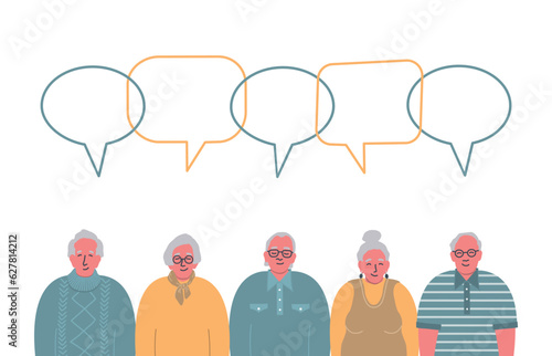 Senior people community. Communication of elderly men and elderly women. People icons with speech bubbles. Vector illustration