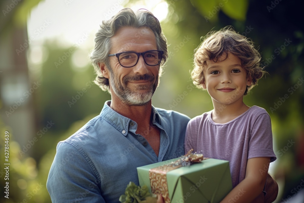 Naklejka premium Proud father with son and green gift box on blurry natural background, outdoor.