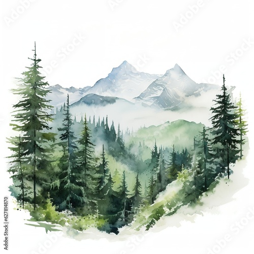 Watercolor painting of trees and mountains, a painting by Wolfgang Zelmer With Generative AI