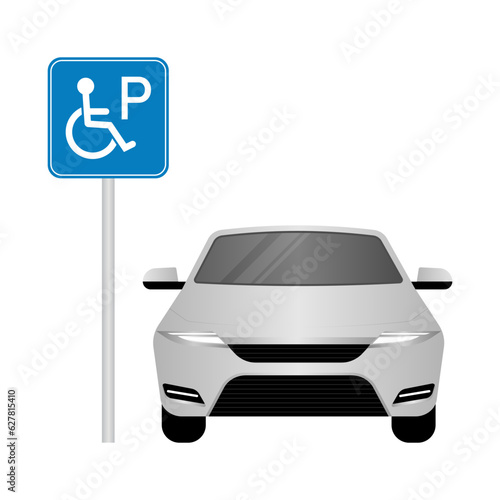 Car Parked at Handicapped Parking Area. Disabled Parking Space. Wheelchair Parking Space for Disabled People. Vector Illustration. 