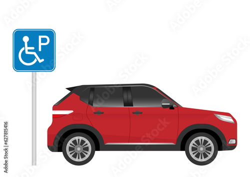 Car Parked at Handicapped Parking Area. Disabled Parking Space. Wheelchair Parking Space for Disabled People. Vector Illustration. 