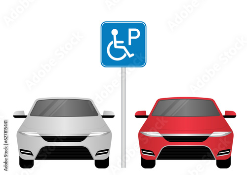 Car Parked at Handicapped Parking Area. Disabled Parking Space. Wheelchair Parking Space for Disabled People. Vector Illustration. 