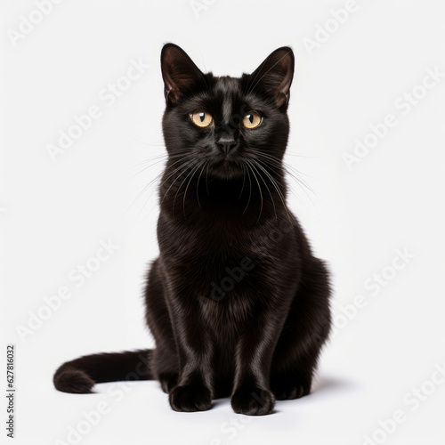 serious black cat on white background