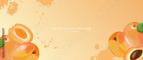 Juicy fruit background with apricots and splashes. Background for decor, wallpapers, postcards and presentations. Frame for text and photo.