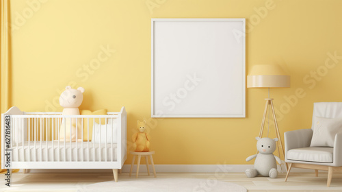 baby room nursery with a yellow wall and a blank painting