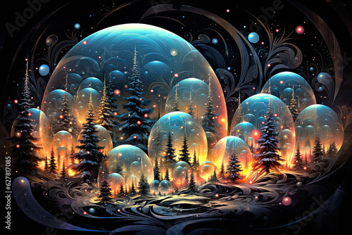 magical forest with fir trees and bubbles.  photo